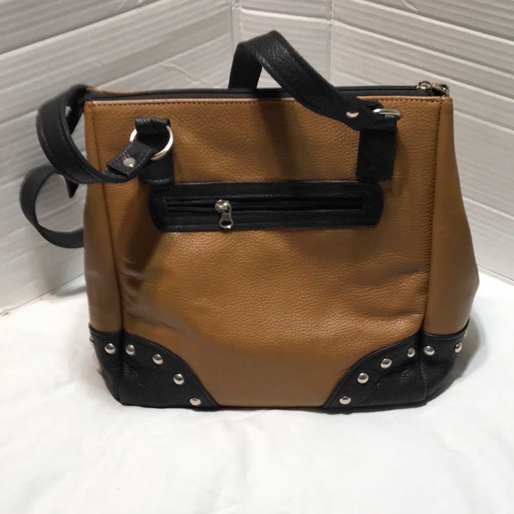Cuero Vaca pebble leather shoulder satchel with silver tone studs. NWOT